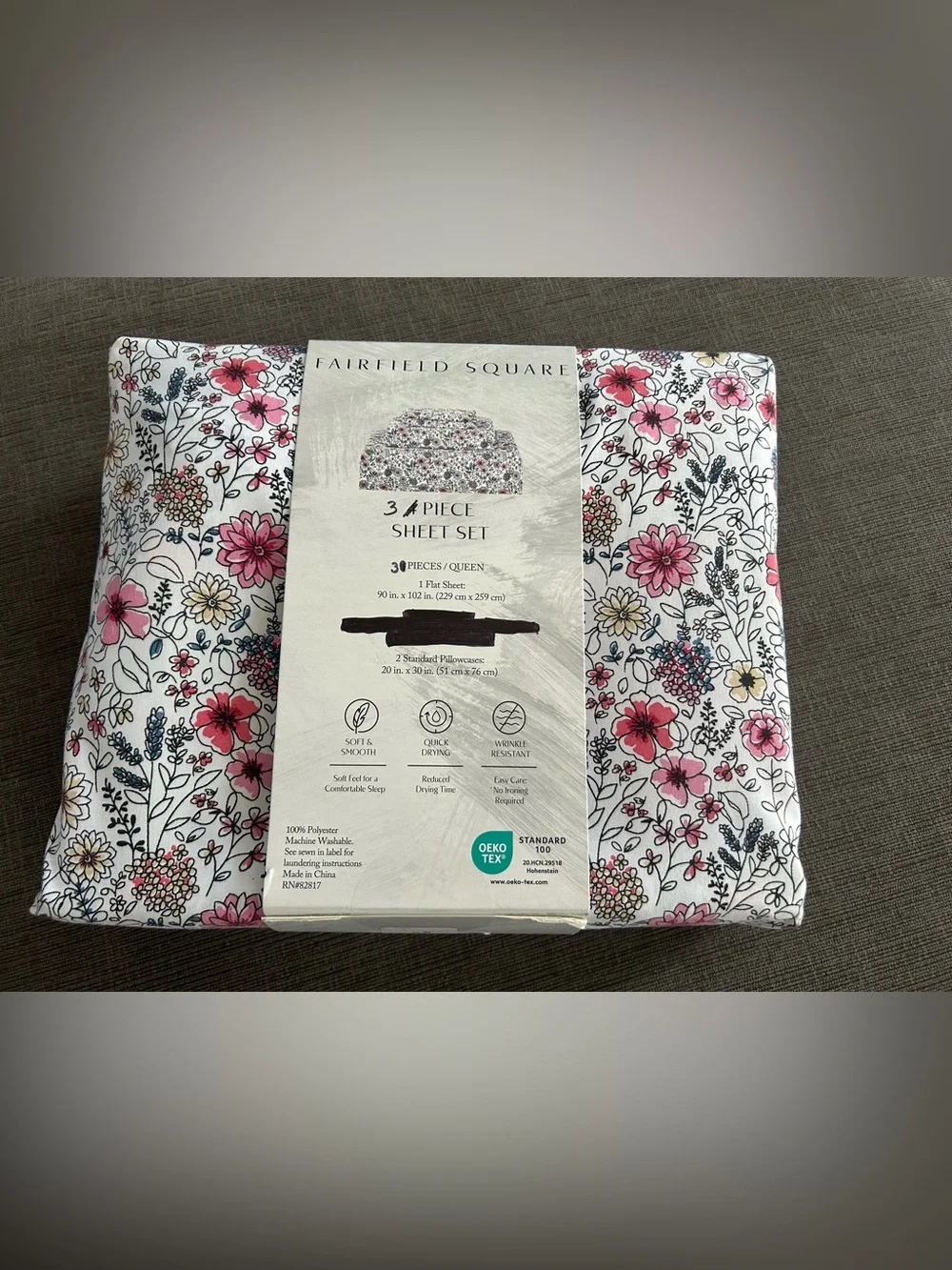 Fairfield Square Queen Floral 3 piece Sheet Set Pink Yellow Wrinkle Resistant